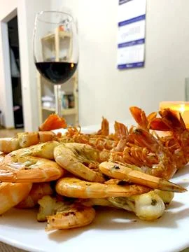 Shrimp. Boiled shrimp on the table Stock Photos