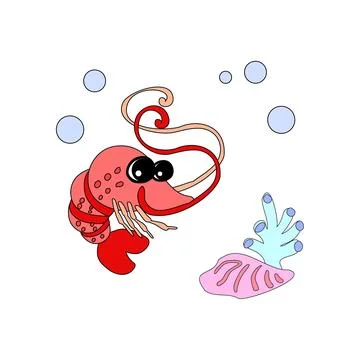 Shrimp with bubbles and algae in the ocean. For posters, prints on clothes. Illustrazione stock