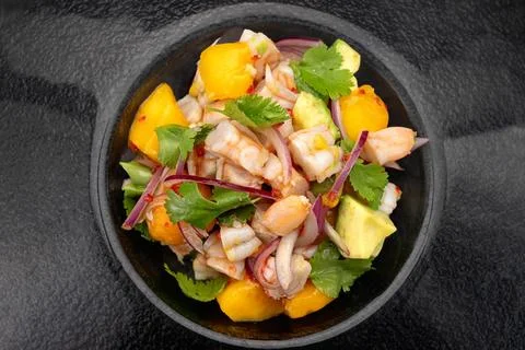 Shrimp ceviche on a dark background Stock Photos