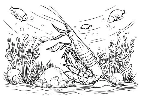Shrimp coloring book. Coloring page simple line illustration of shrimp and un Stock Illustration