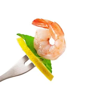 Shrimp on fork isolated on white Stock Photos