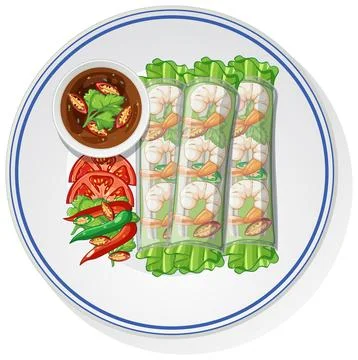 Shrimp Fresh Spring Rolls with Dipping Sauce on Plate Stock Illustration