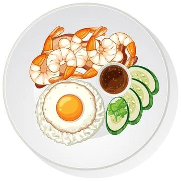 Shrimp, Fried Egg, Rice, and Cucumber Asian Meal Illustration Stock Illustration