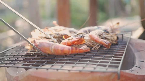 Shrimp on the grilled charcoal Stock Footage 149054328