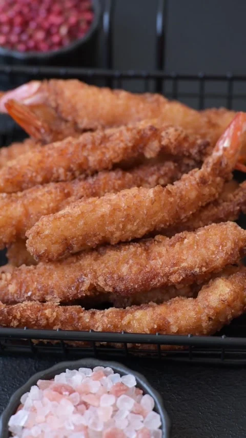 Shrimp or prawn tempura breaded with salt, spices and tartar sauce, Asian cuisin Stock Footage 340036815