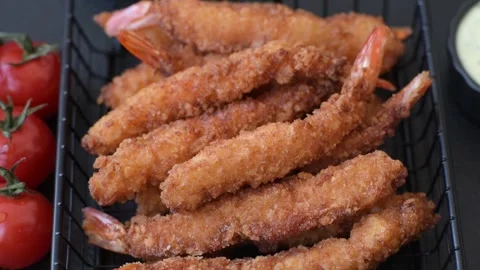 Shrimp or prawn tempura breaded with salt, spices and tartar sauce, Asian cuisin Stock Footage 340036816