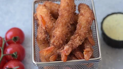 Shrimp or prawn tempura breaded with salt, spices and tartar sauce, Asian cuisin Stock Footage 340036819