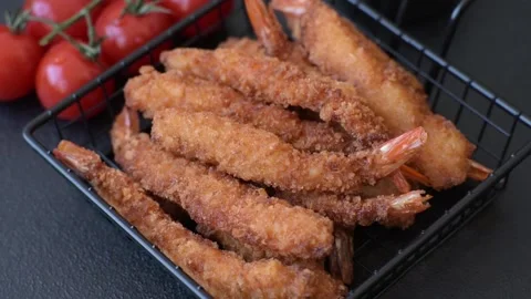 Shrimp or prawn tempura breaded with salt, spices and tartar sauce, Asian cuisin Stock Footage 340036820