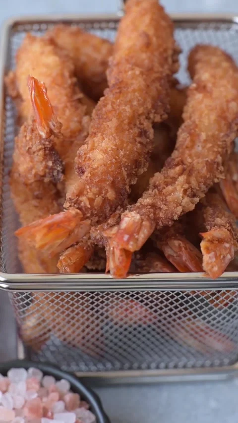 Shrimp or prawn tempura breaded with salt, spices and tartar sauce, Asian cuisin Stock Footage 340036822