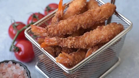 Shrimp or prawn tempura breaded with salt, spices and tartar sauce, Asian cuisin Stock Footage 340036833