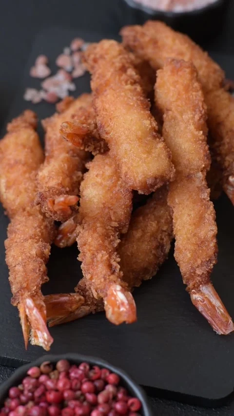 Shrimp or prawn tempura breaded with salt, spices and tartar sauce, Asian cuisin Stock Footage 340036834