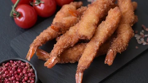 Shrimp or prawn tempura breaded with salt, spices and tartar sauce, Asian cuisin Stock Footage 340036836