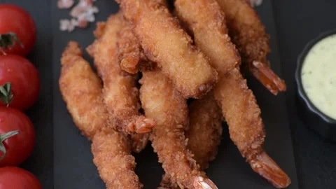 Shrimp or prawn tempura breaded with salt, spices and tartar sauce, Asian cuisin Stock Footage 340036839