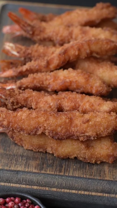 Shrimp or prawn tempura breaded with salt, spices and tartar sauce, Asian cuisin Stock Footage 340036851