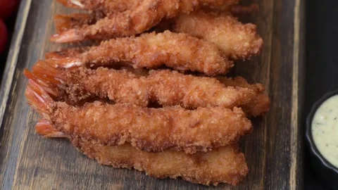Shrimp or prawn tempura breaded with salt, spices and tartar sauce, Asian cuisin Stock Footage 340036853