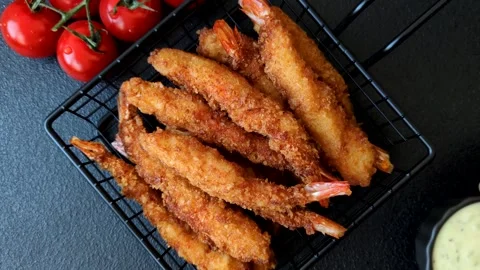 Shrimp or prawn tempura breaded with salt, spices and tartar sauce, Asian cuisin Stock Footage 340036886