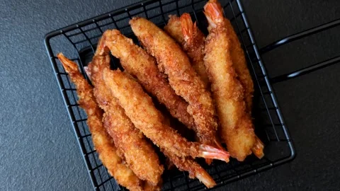 Shrimp or prawn tempura breaded with salt, spices and tartar sauce, Asian cuisin Stock Footage 340036889