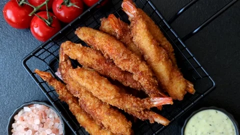 Shrimp or prawn tempura breaded with salt, spices and tartar sauce, Asian cuisin Stock Footage 340036890