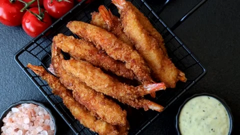 Shrimp or prawn tempura breaded with salt, spices and tartar sauce, Asian cuisin Stock Footage 340036900