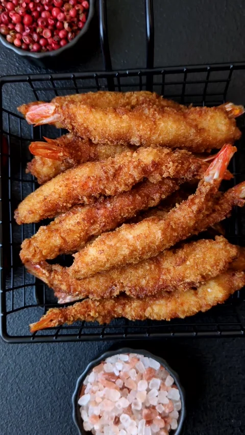 Shrimp or prawn tempura breaded with salt, spices and tartar sauce, Asian cuisin Stock Footage 340036904