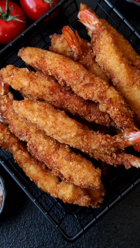 Shrimp or prawn tempura breaded with salt, spices and tartar sauce, Asian cuisin Stock Footage 340036908