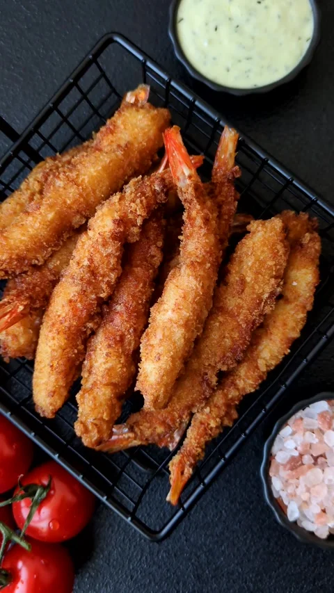 Shrimp or prawn tempura breaded with salt, spices and tartar sauce, Asian cuisin Stock Footage 340036911