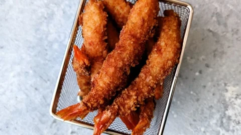 Shrimp or prawn tempura breaded with salt, spices and tartar sauce, Asian cuisin Stock Footage 340036919