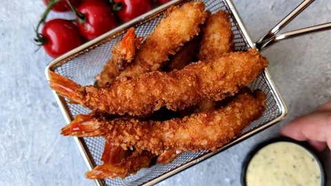 Shrimp or prawn tempura breaded with salt, spices and tartar sauce, Asian cuisin Stock Footage 340036926