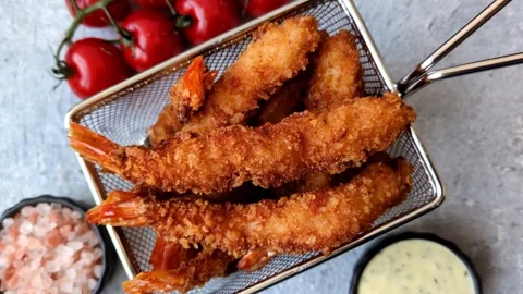 Shrimp or prawn tempura breaded with salt, spices and tartar sauce, Asian cuisin Stock Footage 340036929