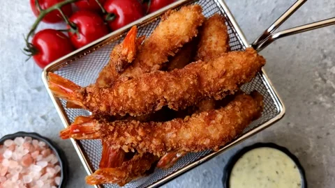 Shrimp or prawn tempura breaded with salt, spices and tartar sauce, Asian cuisin Stock Footage 340036930