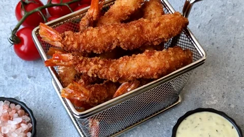 Shrimp or prawn tempura breaded with salt, spices and tartar sauce, Asian cuisin Stock Footage 340036931