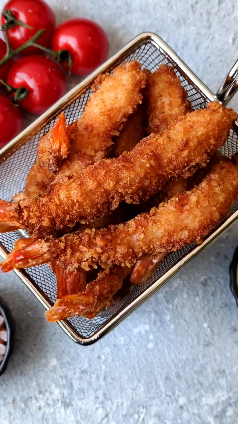Shrimp or prawn tempura breaded with salt, spices and tartar sauce, Asian cuisin Stock Footage 340036934
