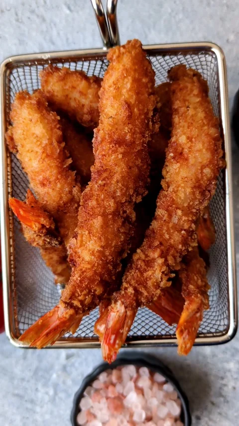 Shrimp or prawn tempura breaded with salt, spices and tartar sauce, Asian cuisin Stock Footage 340036955