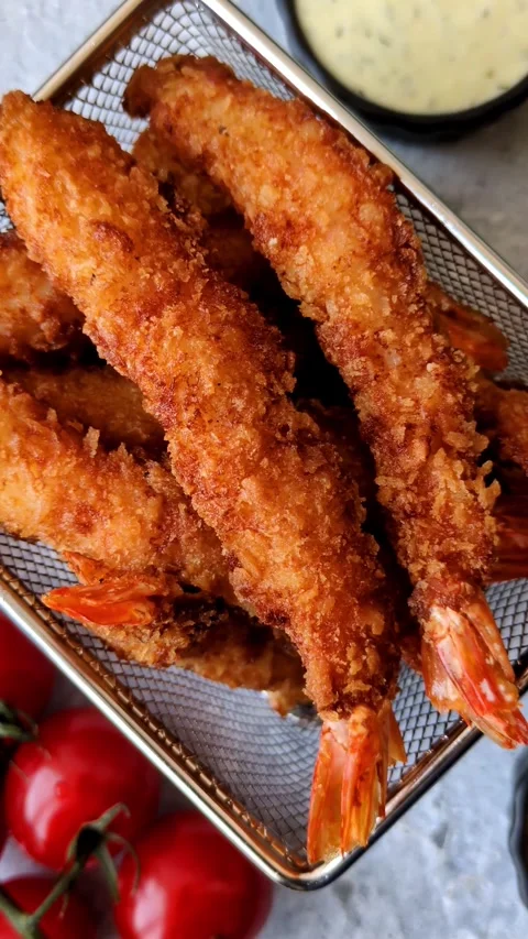 Shrimp or prawn tempura breaded with salt, spices and tartar sauce, Asian cuisin Stock Footage 340036960