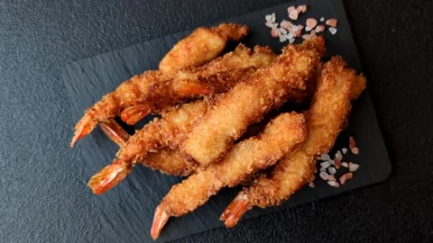 Shrimp or prawn tempura breaded with salt, spices and tartar sauce, Asian cuisin Stock Footage 340036966