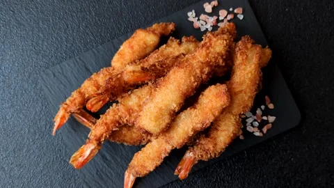 Shrimp or prawn tempura breaded with salt, spices and tartar sauce, Asian cuisin Stock Footage 340036967