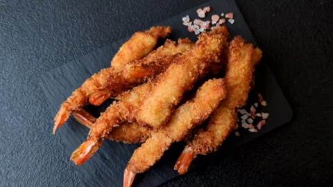 Shrimp or prawn tempura breaded with salt, spices and tartar sauce, Asian cuisin Stock Footage 340036974