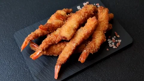 Shrimp or prawn tempura breaded with salt, spices and tartar sauce, Asian cuisin Stock Footage 340036976