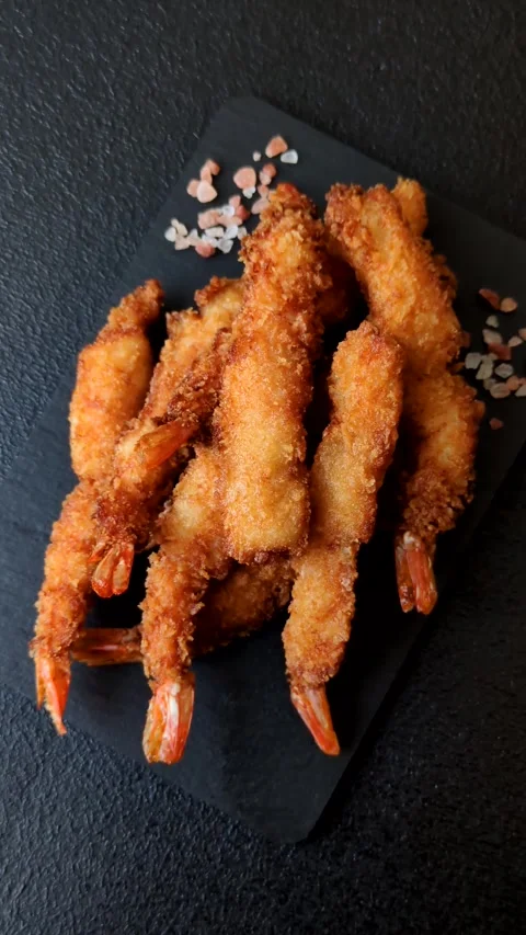 Shrimp or prawn tempura breaded with salt, spices and tartar sauce, Asian cuisin Stock Footage 340036978