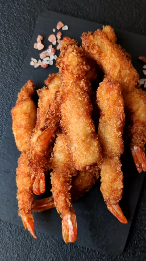 Shrimp or prawn tempura breaded with salt, spices and tartar sauce, Asian cuisin Stock Footage 340036980