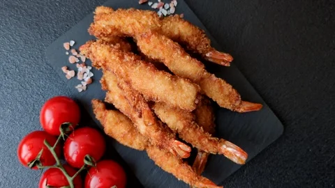 Shrimp or prawn tempura breaded with salt, spices and tartar sauce, Asian cuisin Stock Footage 340036981