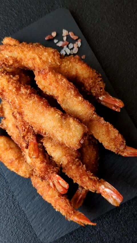 Shrimp or prawn tempura breaded with salt, spices and tartar sauce, Asian cuisin Stock Footage 340036983