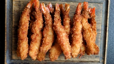 Shrimp or prawn tempura breaded with salt, spices and tartar sauce, Asian cuisin Stock Footage 340036984
