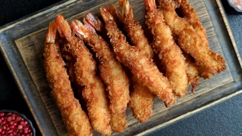 Shrimp or prawn tempura breaded with salt, spices and tartar sauce, Asian cuisin Stock Footage 340036987