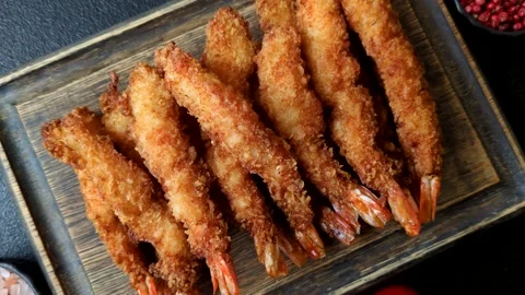 Shrimp or prawn tempura breaded with salt, spices and tartar sauce, Asian cuisin Stock Footage 340036988