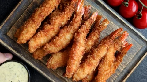 Shrimp or prawn tempura breaded with salt, spices and tartar sauce, Asian cuisin Stock Footage 340036989