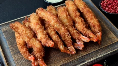 Shrimp or prawn tempura breaded with salt, spices and tartar sauce, Asian cuisin Stock Footage 340036991