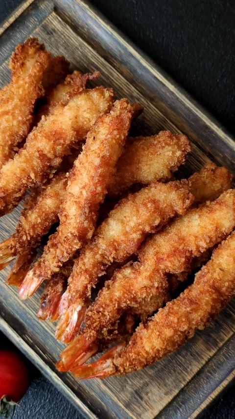 Shrimp or prawn tempura breaded with salt, spices and tartar sauce, Asian cuisin Stock Footage 340037001