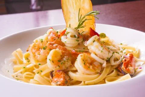 Shrimp with pasta 스톡 사진