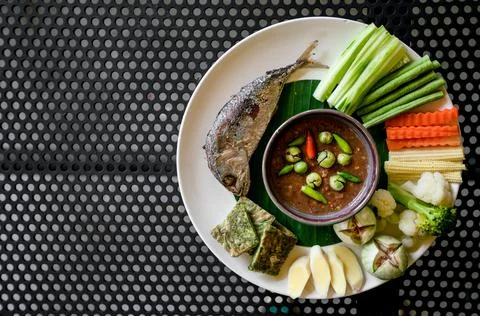Shrimp Paste Chili Paste with Fresh Vegetables and Fried Mackerel Stock Photos
